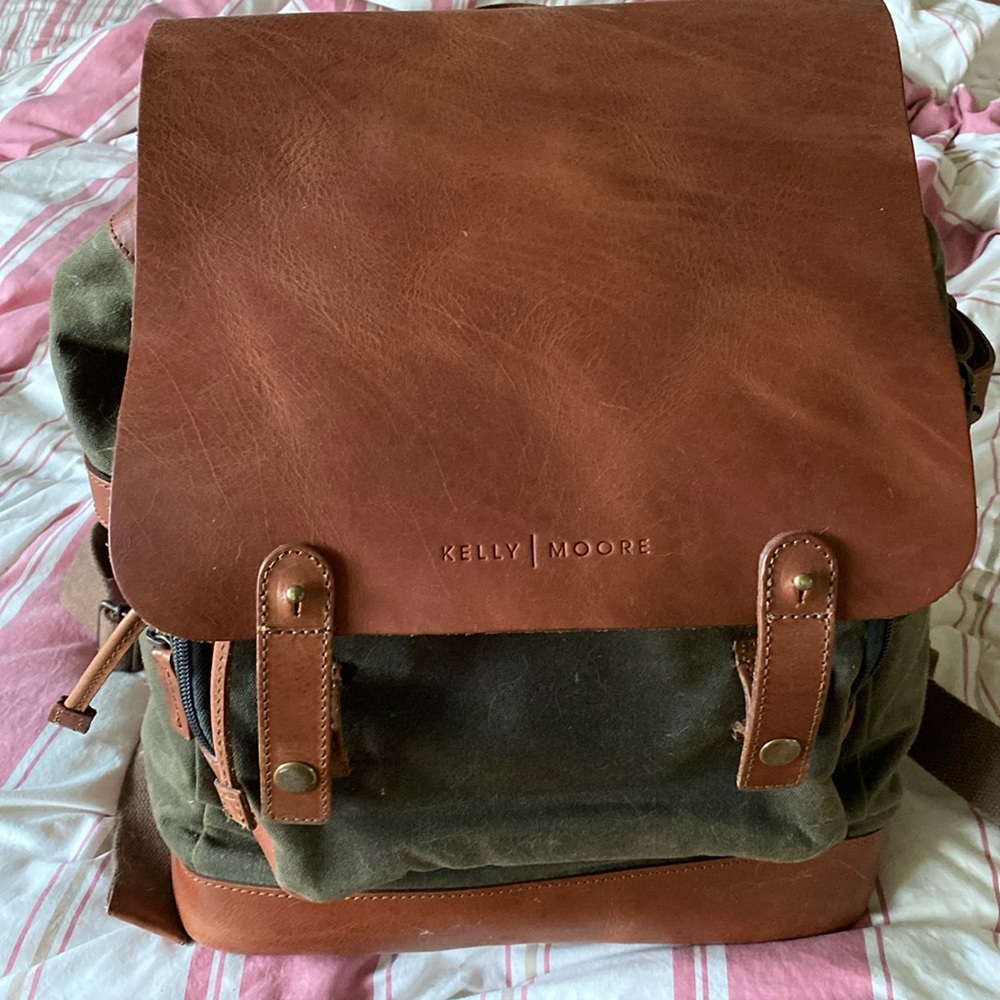 Kelly Moore leather and canvas camera backpack.